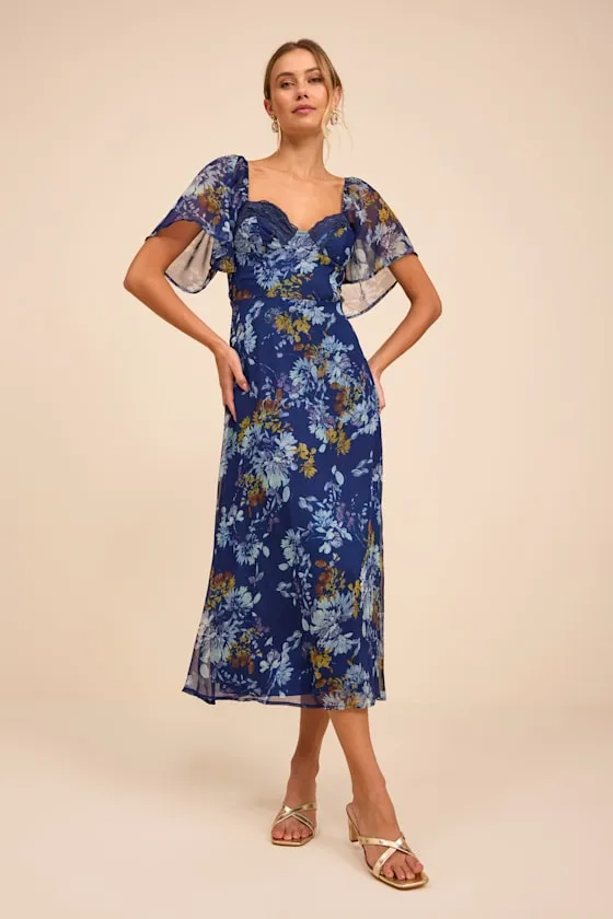 Valla Navy Blue Floral Flutter Sleeve Midi Dress sold by Lulus