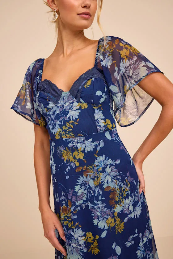 Valla Navy Blue Floral Flutter Sleeve Midi Dress sold by Lulus product image thumbnail 2