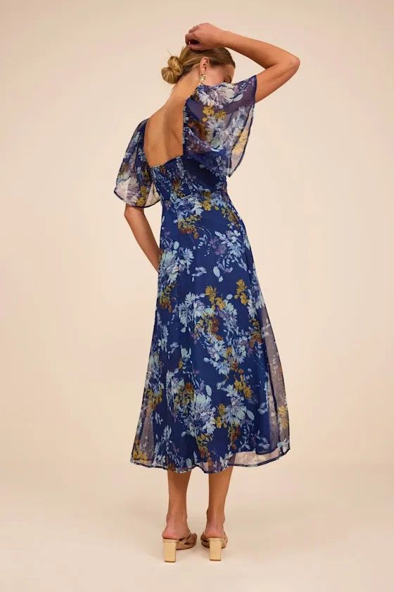 Valla Navy Blue Floral Flutter Sleeve Midi Dress sold by Lulus product image thumbnail 3