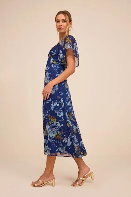 Valla Navy Blue Floral Flutter Sleeve Midi Dress sold by Lulus product image thumbnail 4