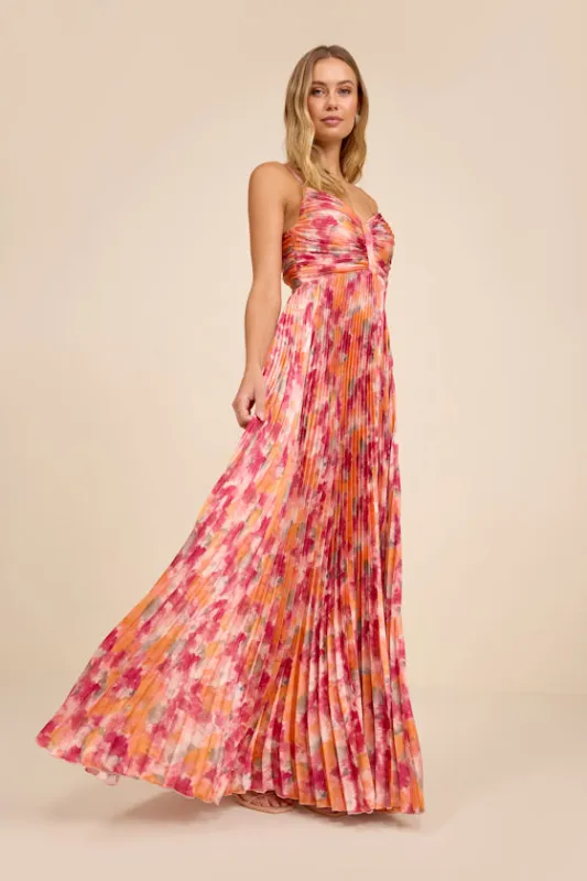 Dreaming in Color Pink Abstract V-Neck Pleated Satin Maxi Dress made by Lulus