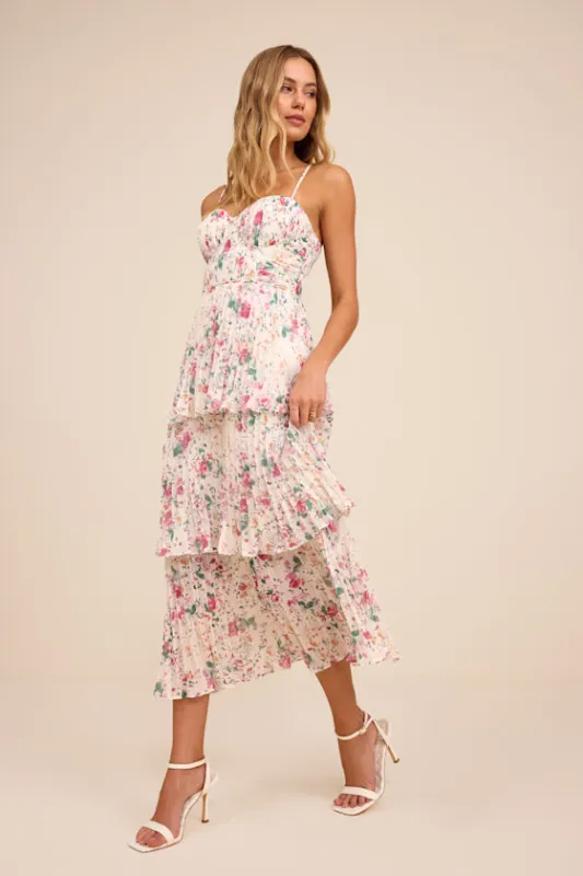 Cascading Crush Ivory Floral Print Tiered Bustier Midi Dress sold by Lulus