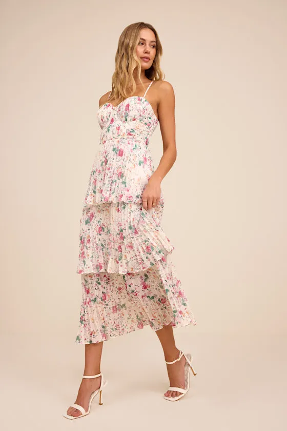 Cascading Crush Ivory Floral Print Tiered Bustier Midi Dress sold by Lulus