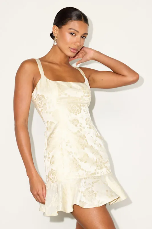 Jenner Pale Yellow Floral Jacquard Ruffled Mini Dress sold by Lulus