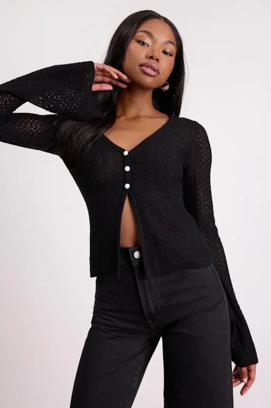 Freesia Black Pointelle Knit Button-Front Cardigan sold by Lulus