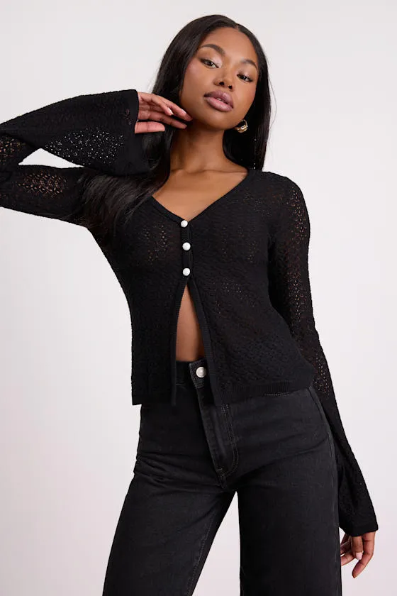 Freesia Black Pointelle Knit Button-Front Cardigan sold by Lulus