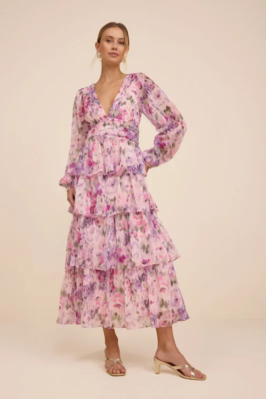 Macy Blush Multi Floral Tiered Midi Dress sold by Lulus