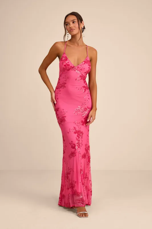 Valhalla Hot Pink Sequin Lace-Up Maxi Dress sold by Lulus