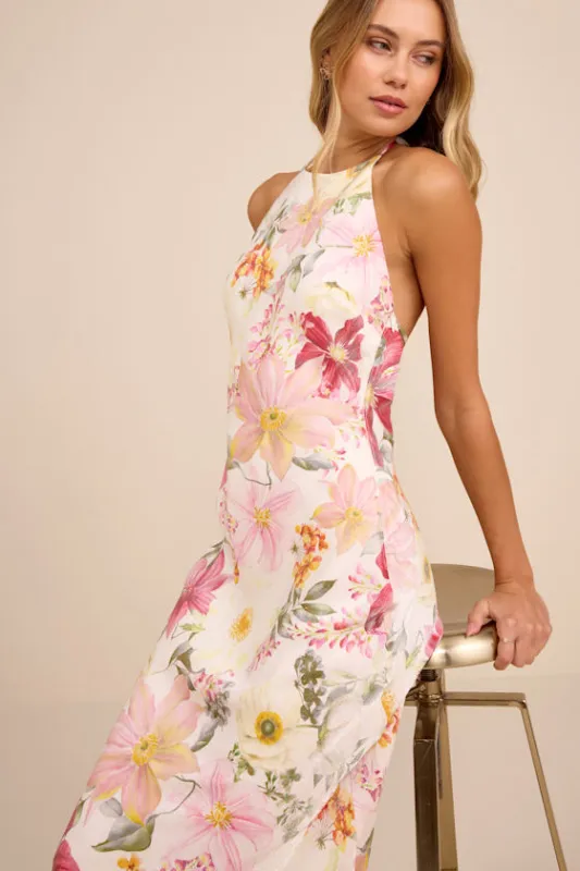 Sidney Ivory Multi Floral Halter Maxi Dress sold by Lulus