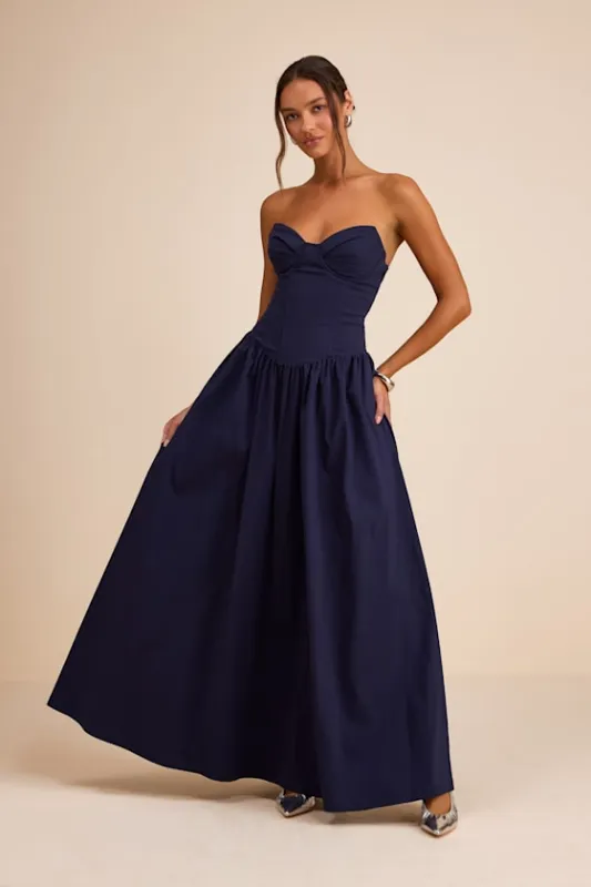 Almeria Navy Blue Strapless Lace-Up Maxi Dress sold by Lulus