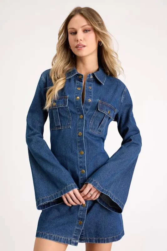 Amita Medium Wash Button-Front Bell Sleeve Mini Dress made by Lulus