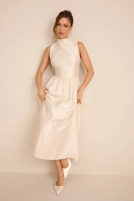 Rivia Ivory Mock Neck Cutout Midi Dress sold by Lulus