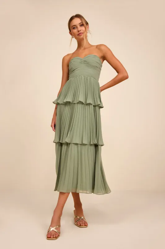 Seriously Sensational Sage Strapless Tiered Midi Dress sold by Lulus