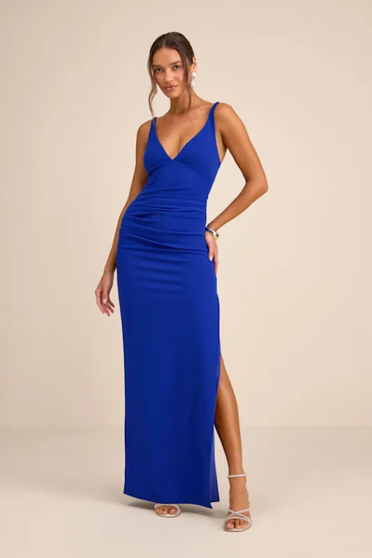 Leela Royal Blue Ruched Column Maxi Dress sold by Lulus
