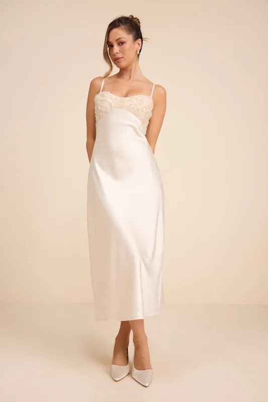 Lange Ivory Satin Applique Slip Midi Dress sold by Lulus