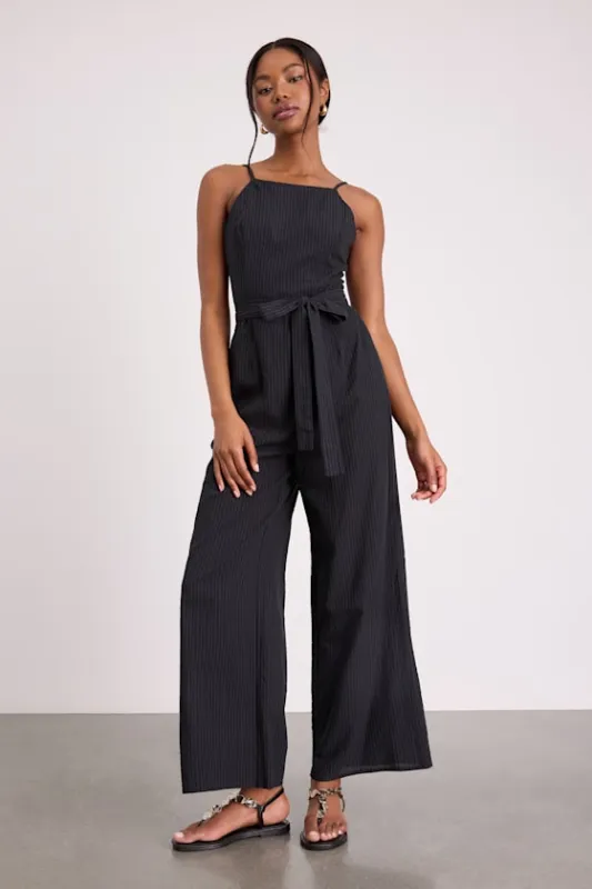 Messina Black Striped Wide-Leg Jumpsuit sold by Lulus