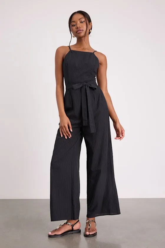 Messina Black Striped Wide-Leg Jumpsuit sold by Lulus