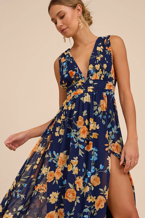 Heavenly Hues Dark Blue Floral Maxi Dress sold by Lulus
