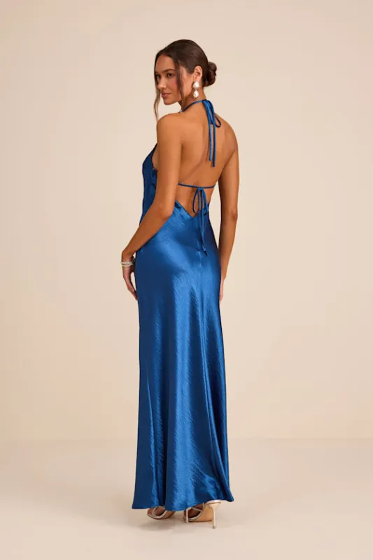 Magnificence Blue Satin Backless Halter Maxi Dress sold by Lulus