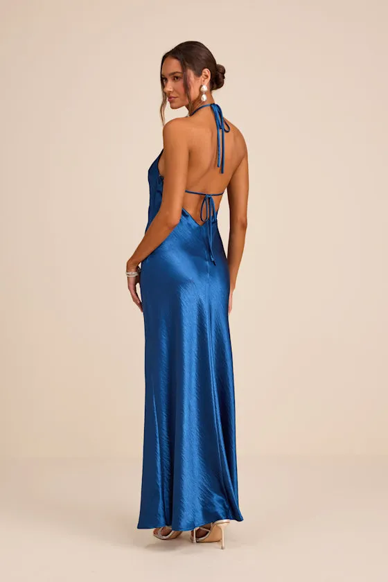 Magnificence Blue Satin Backless Halter Maxi Dress sold by Lulus