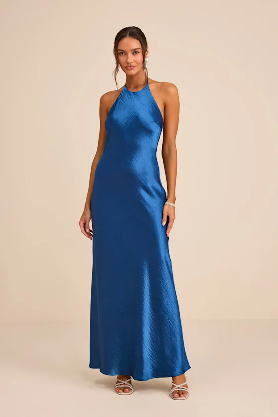 Magnificence Blue Satin Backless Halter Maxi Dress sold by Lulus product image thumbnail 2