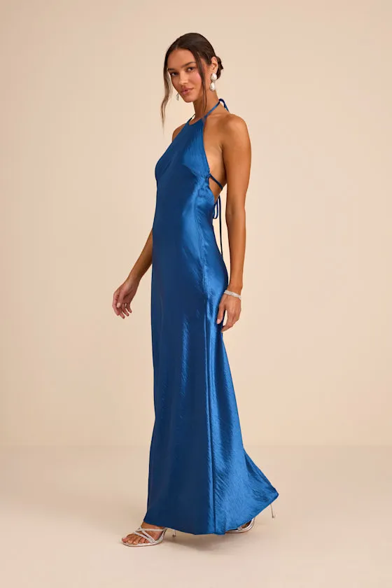 Magnificence Blue Satin Backless Halter Maxi Dress sold by Lulus product image thumbnail 4