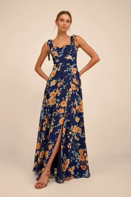 Love Me Forever Navy Blue Floral Square Neck Maxi Dress made by Lulus
