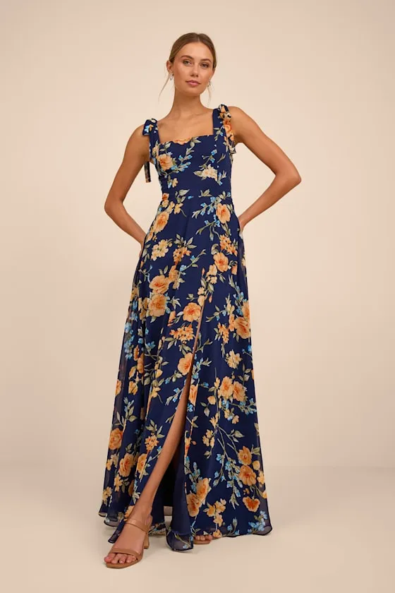 Love Me Forever Navy Blue Floral Square Neck Maxi Dress sold by Lulus