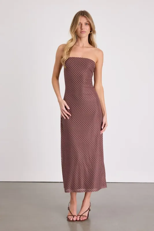 Jaylah Brown Polka Dot Mesh Strapless Midi Dress sold by Lulus
