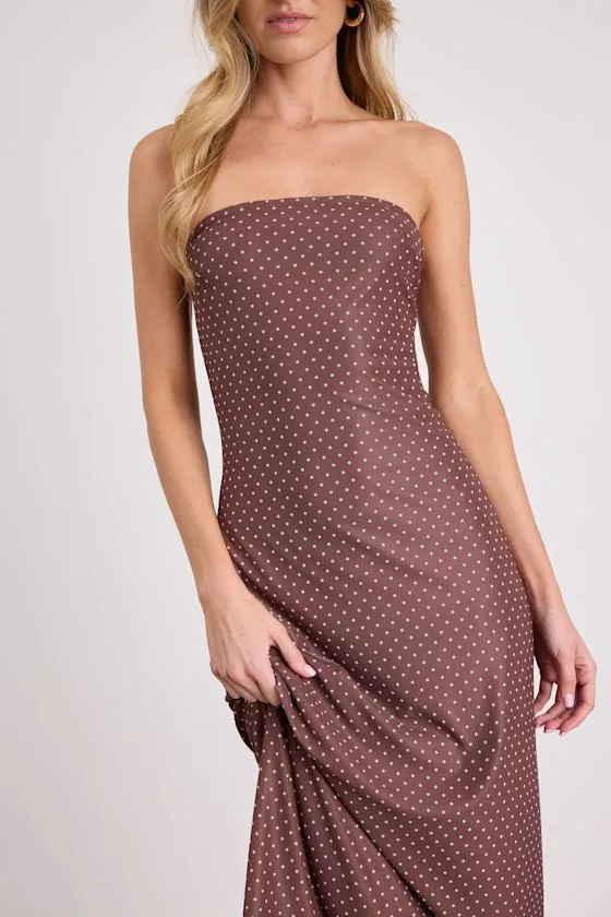 Jaylah Brown Polka Dot Mesh Strapless Midi Dress sold by Lulus product image thumbnail 2