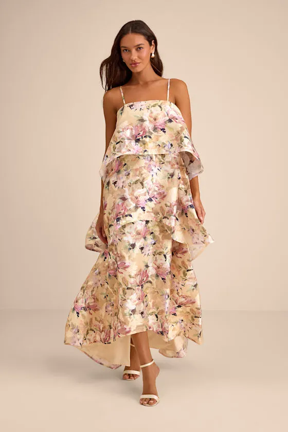 Daneli Yellow Multi Floral Jacquard Tiered Maxi Dress sold by Lulus