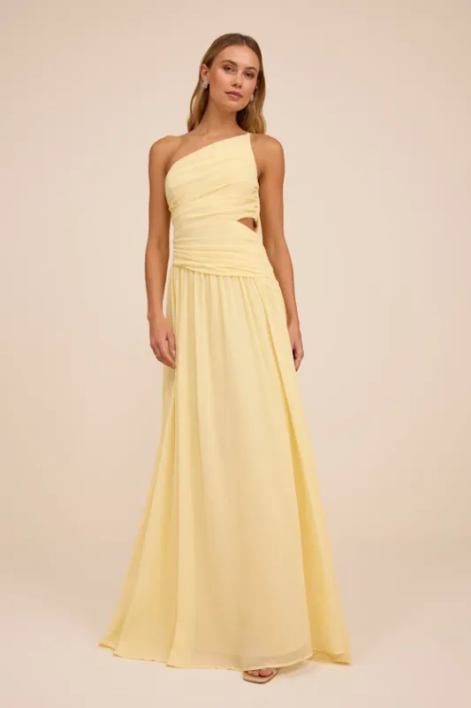 Marcela Pale Yellow Ruched One-Shoulder Maxi Dress sold by Lulus