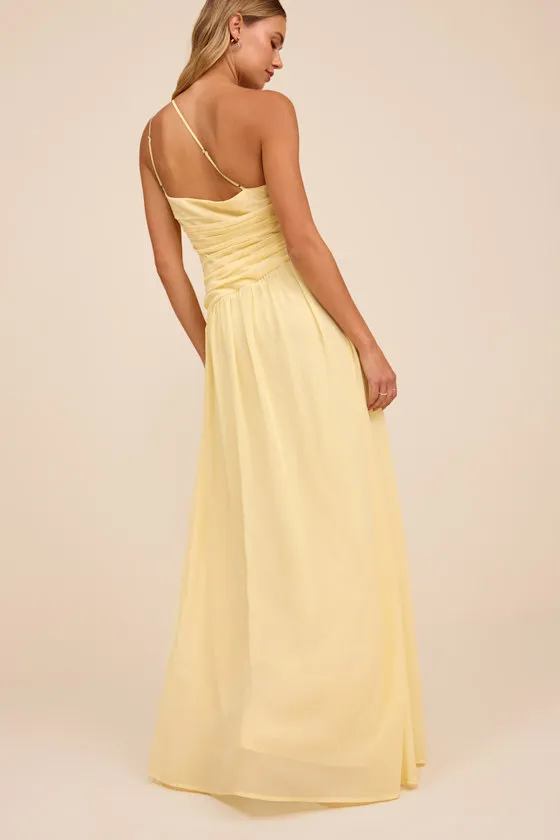 Marcela Pale Yellow Ruched One-Shoulder Maxi Dress sold by Lulus product image thumbnail 3