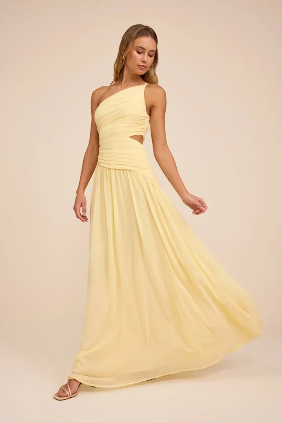 Marcela Pale Yellow Ruched One-Shoulder Maxi Dress sold by Lulus product image thumbnail 4