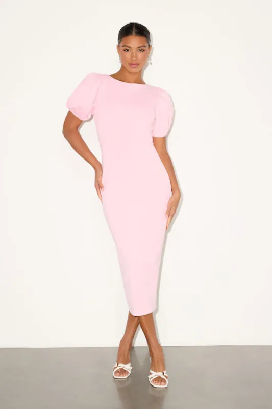 Simply Beloved Light Pink Puff Sleeve Bodycon Midi Dress sold by Lulus
