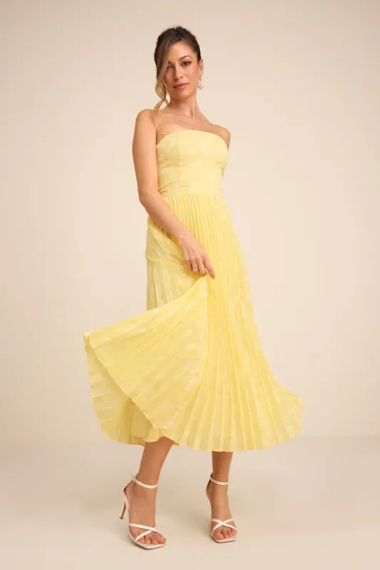 Perfectly Stunning Yellow Jacquard Strapless Midi Dress sold by Lulus