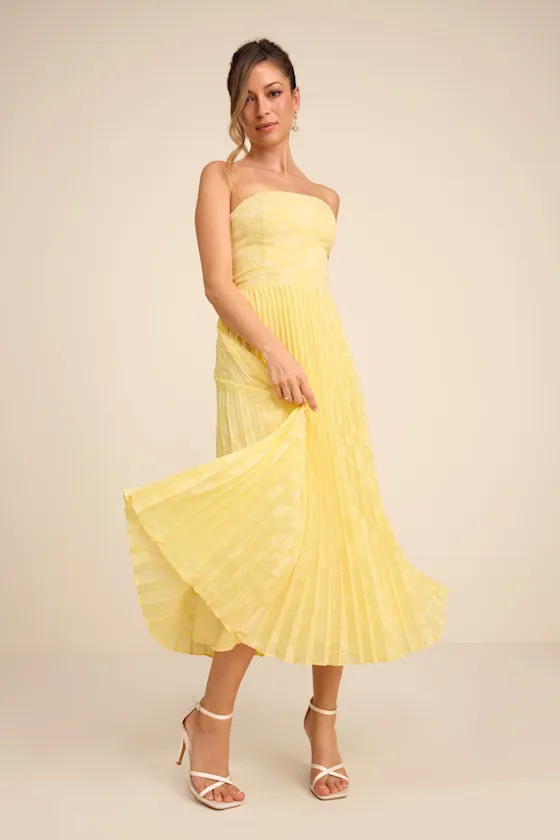 Perfectly Stunning Yellow Jacquard Strapless Midi Dress sold by Lulus