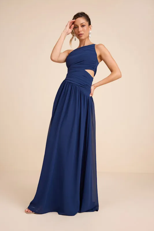 Marcela Navy Blue Ruched One-Shoulder Maxi Dress sold by Lulus