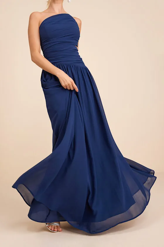 Marcela Navy Blue Ruched One-Shoulder Maxi Dress sold by Lulus product image thumbnail 2