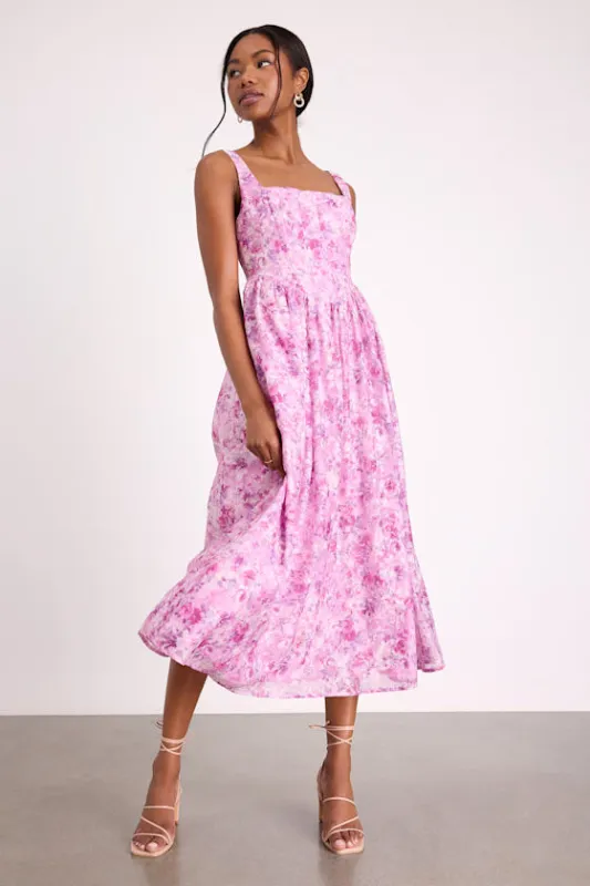 Colwyn Light Magenta Floral Jacquard Bustier Midi Dress sold by Lulus