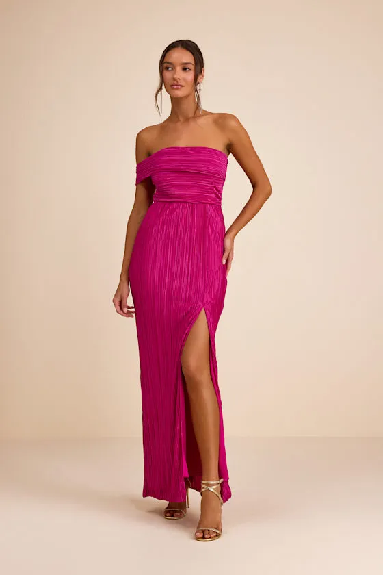 Poised Performance Fuchsia Plisse One-Shoulder Maxi Dress sold by Lulus