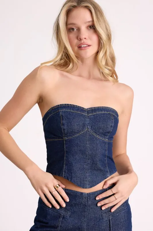 Denna Dark Wash Denim Strapless Top sold by Lulus