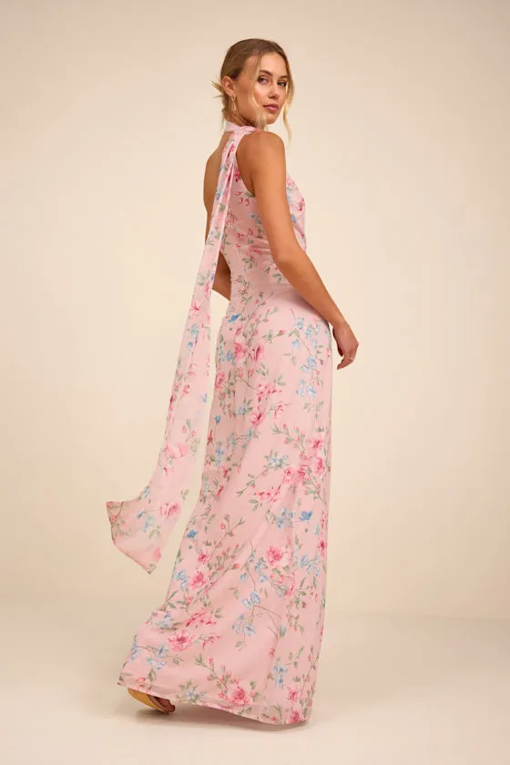 Adeline Light Pink Floral One-Shoulder Scarf Maxi Dress sold by Lulus