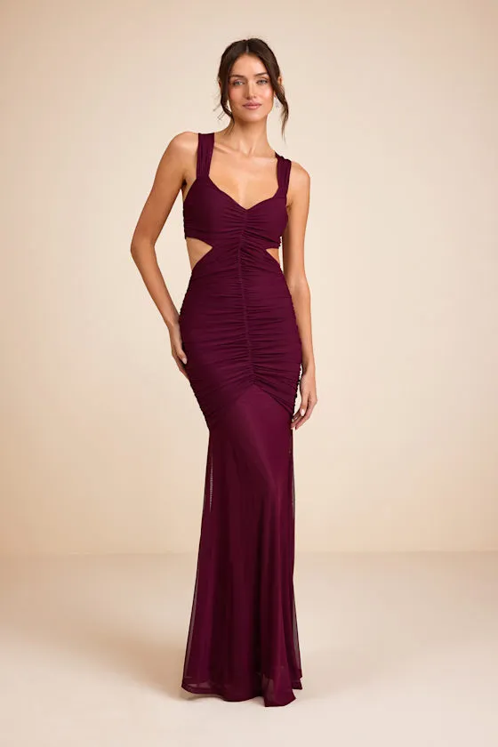 Prestige Plum Mesh Ruched Mermaid Maxi Dress sold by Lulus product image thumbnail 3