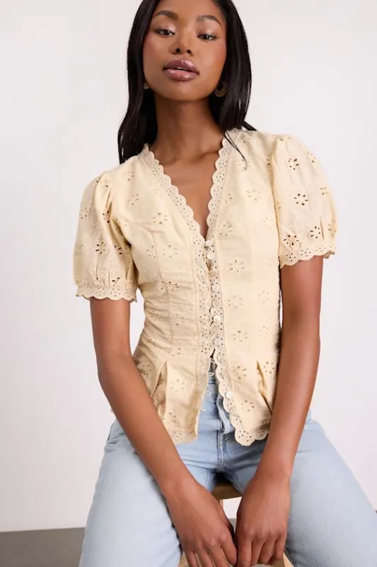 Briar Beige Eyelet Embroidered Button-Front Top sold by Lulus