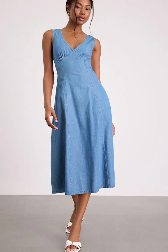Miranda Medium Wash Denim Sleeveless Midi Dress sold by Lulus product image thumbnail 4