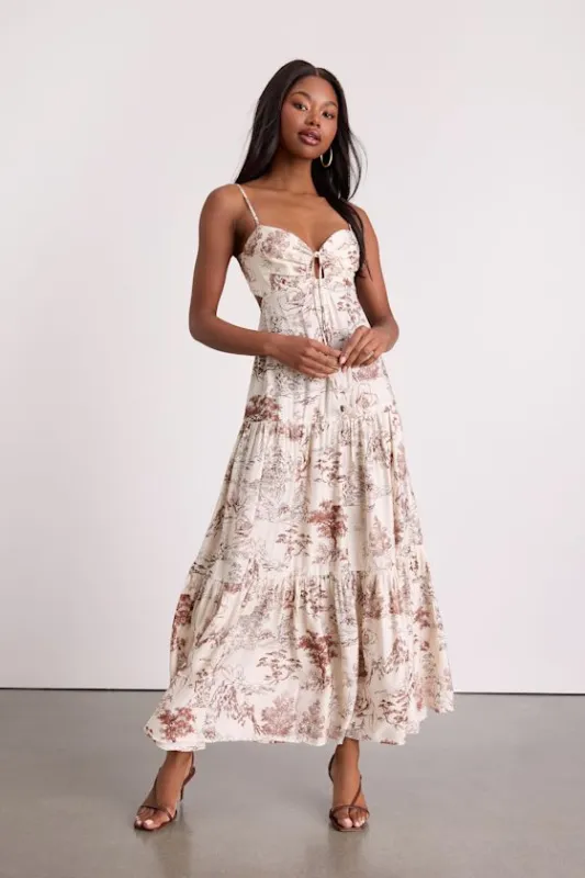 Molana Cream Botanical Print Tiered Maxi Dress sold by Lulus