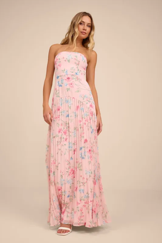 Celebratory Aesthetic Pink Floral Pleated Strapless Maxi Dress sold by Lulus