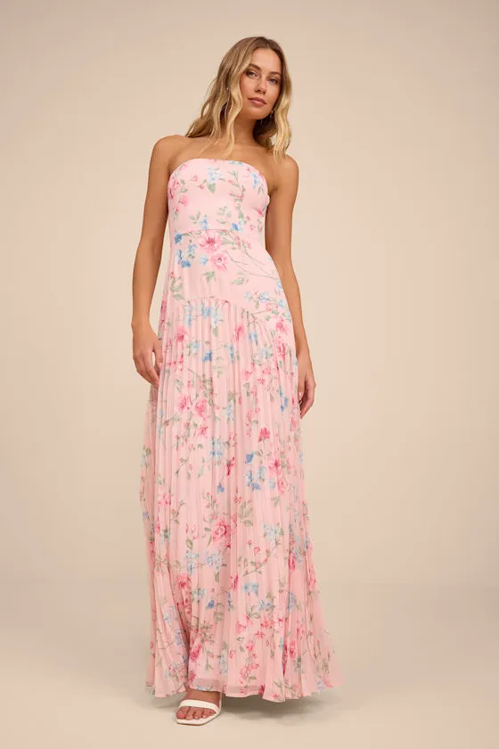 Celebratory Aesthetic Pink Floral Pleated Strapless Maxi Dress sold by Lulus