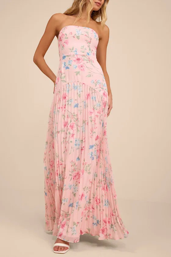 Celebratory Aesthetic Pink Floral Pleated Strapless Maxi Dress sold by Lulus product image thumbnail 3